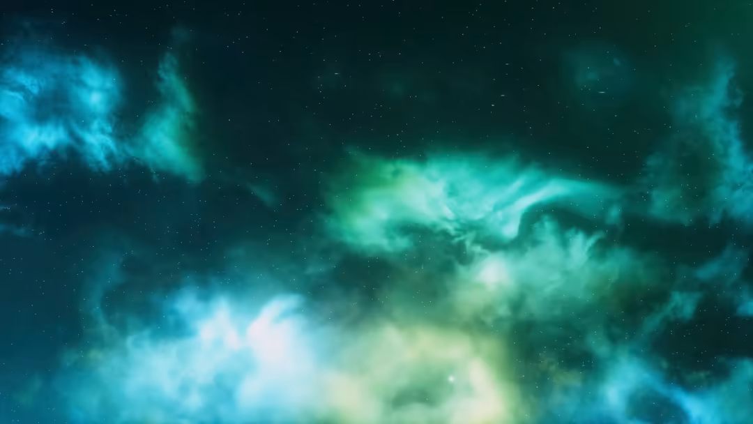 Ethereal cosmic nebula with swirling turquoise and green gases illuminated against a starfield backdrop