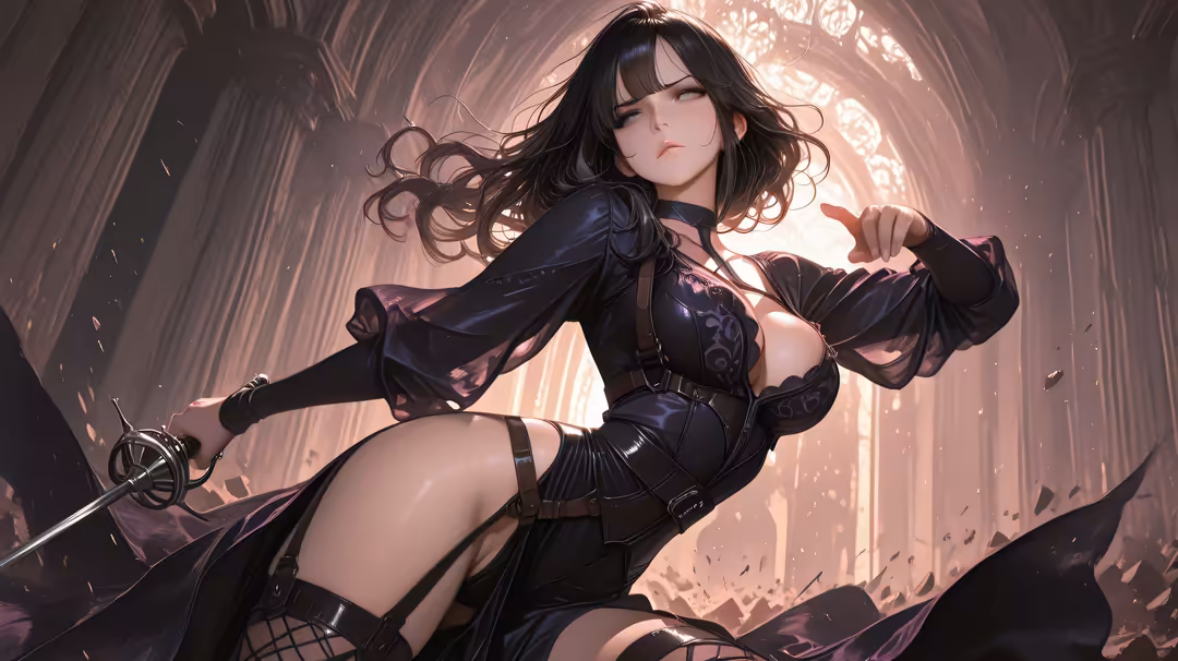 Anime character with black hair in dark gothic armor stands in ornate cathedral with glowing light, dynamic pose with flowing