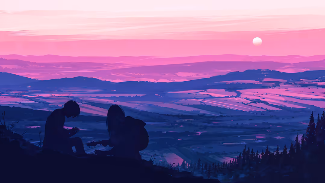 Two silhouetted figures sitting on a mountain overlook gazing across a vast pink and purple valley landscape with layered mou
