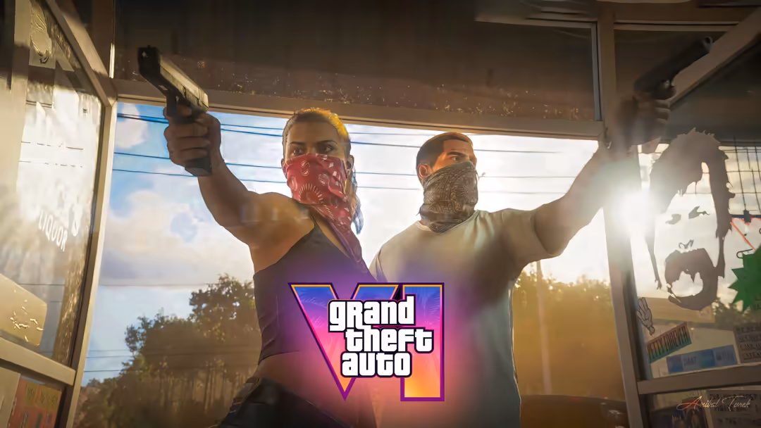 GTA VI neon logo with masked characters in dramatic pose against cityscape sunset, featuring vibrant purple and orange lighti