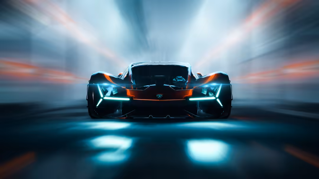 Futuristic Lamborghini Terzo Millennio supercar with glowing neon blue and orange accents speeding through dynamic motion blu