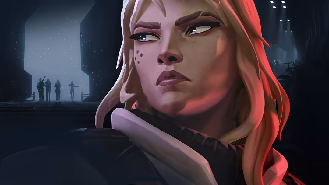 Deadlock from Valorant with neon pink and red lighting, intense expression, cyberpunk aesthetic with silhouetted figures in f