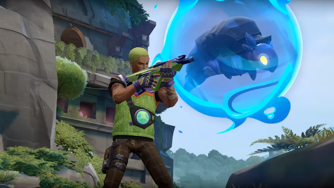 Valorant agent Gekko with neon cyan glowing radiant energy, aiming weapon in overgrown ruins with tropical setting and cyan e