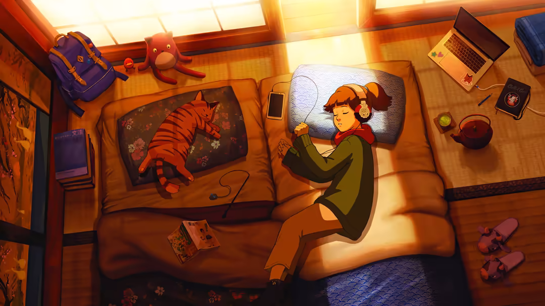 Girl Gaming in Cozy Room — horizontal lo-fi 4K wallpaper