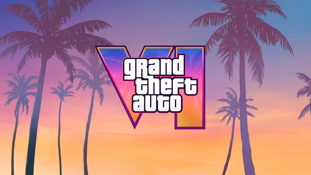 GTA VI logo with vibrant neon gradient and silhouetted palm trees against a colorful sunset sky with purple and orange hues