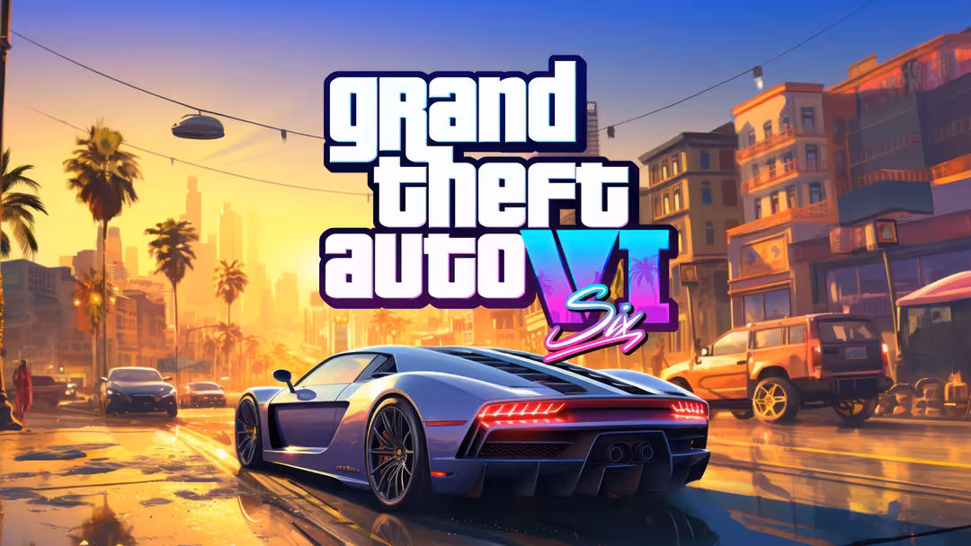 GTA VI promotional artwork featuring a sleek sports car on a wet neon-lit street with palm trees and golden sunset cityscape