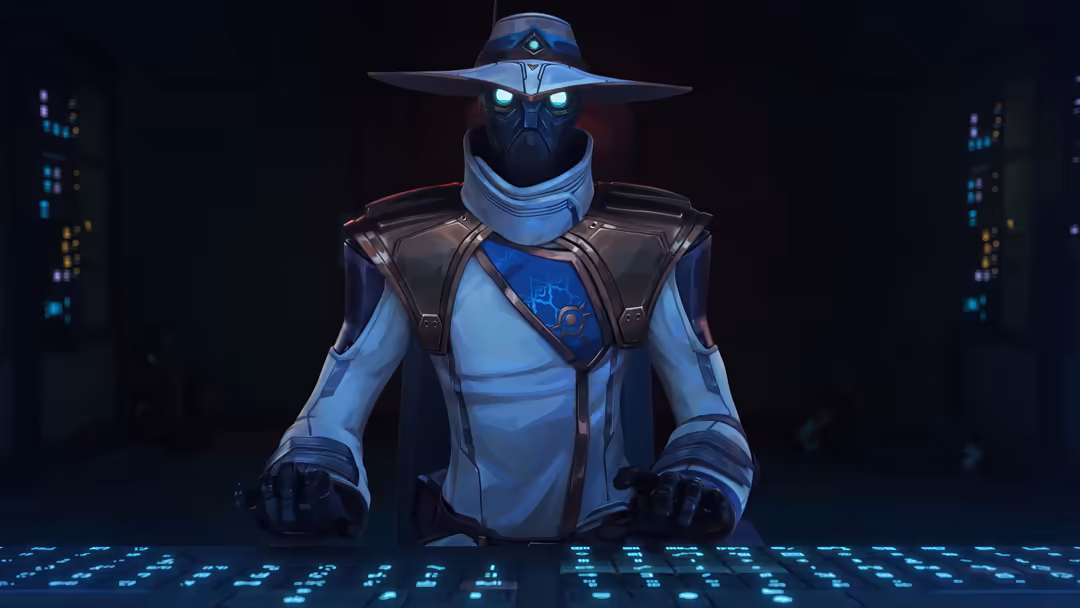 Cypher from Valorant stands in tactical gear with glowing blue eyes and wide-brimmed hat against a dark futuristic cityscape