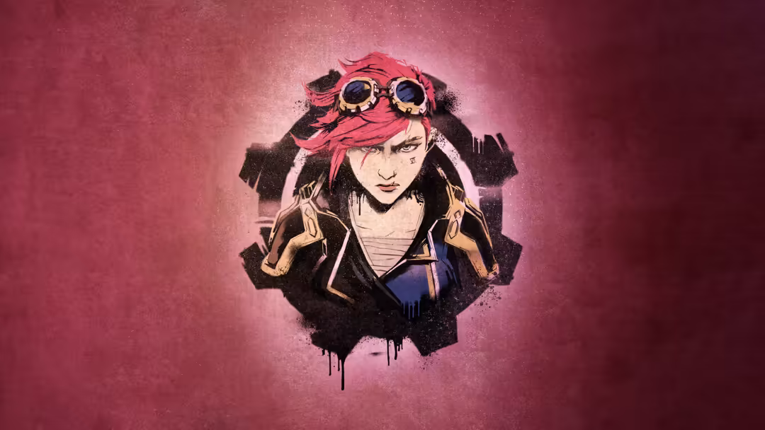 Anime character Vi from League of Legends wearing pink enforcer outfit with goggles, black jacket, and gold accents on vibran
