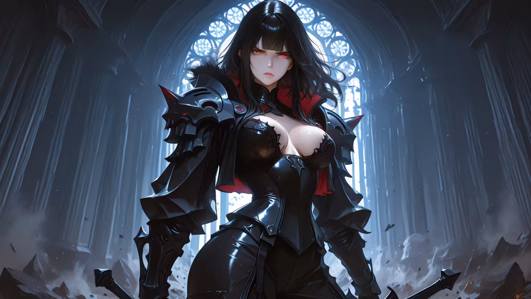 Dark fantasy anime character in ornate black armor with red accents, standing in a gothic cathedral with glowing stained glas