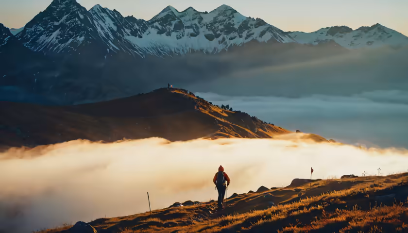 Hiker Above Cloud Mountains Dawn