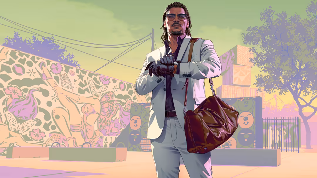 Stylized character in light blazer and sunglasses stands confidently in vibrant pastel-colored urban environment with ornate