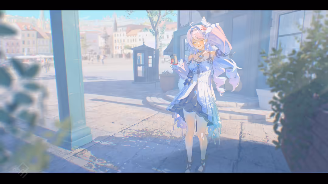 Anime character Denia in elegant outfit standing in sunlit urban plaza with historic architecture and plants, serene atmosphe