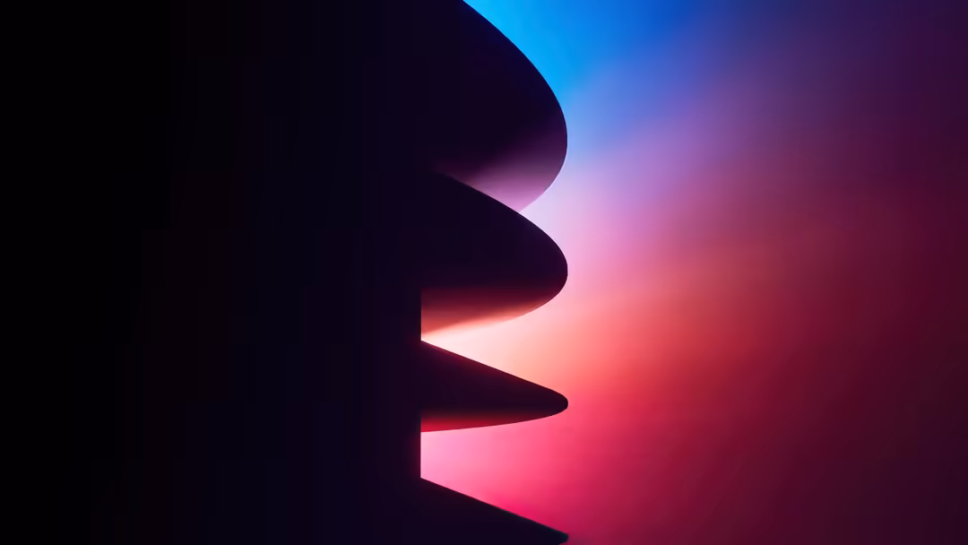 Abstract geometric design featuring layered curved shapes with neon pink, blue, and purple gradients against a dark black bac