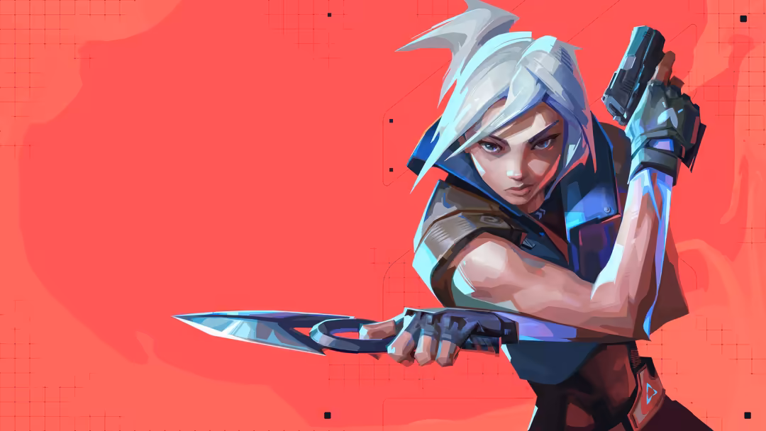 Animated gaming character Jett from Valorant wielding dual weapons against vibrant red digital background with tech elements