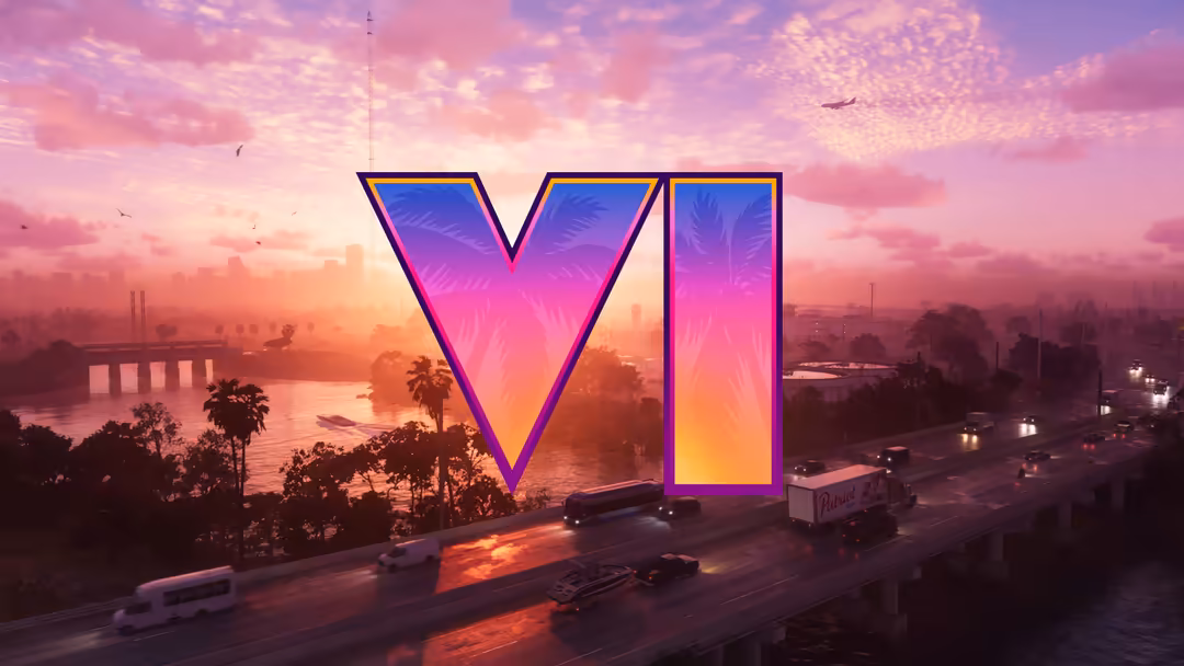 Vibrant neon VI sign glowing over a sprawling sunset cityscape with highways, palm trees, and river, capturing the essence of