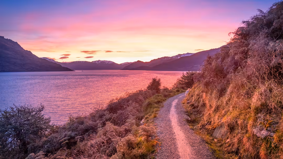 Scenic hiking trail along a serene alpine lake at sunset with pink and purple sky, mountains silhouetted in background, golde