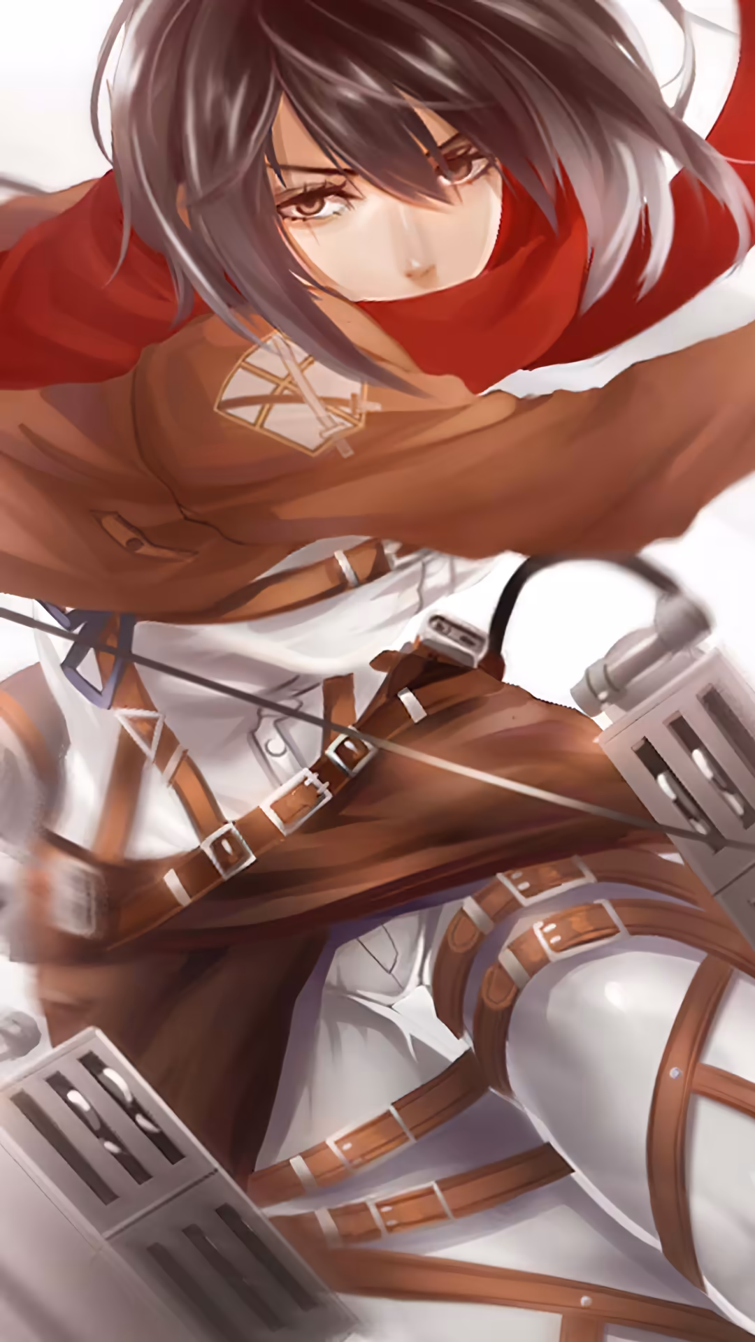 Anime character Mikasa Ackerman wearing red scarf and brown tactical gear with straps, determined expression with dark hair
