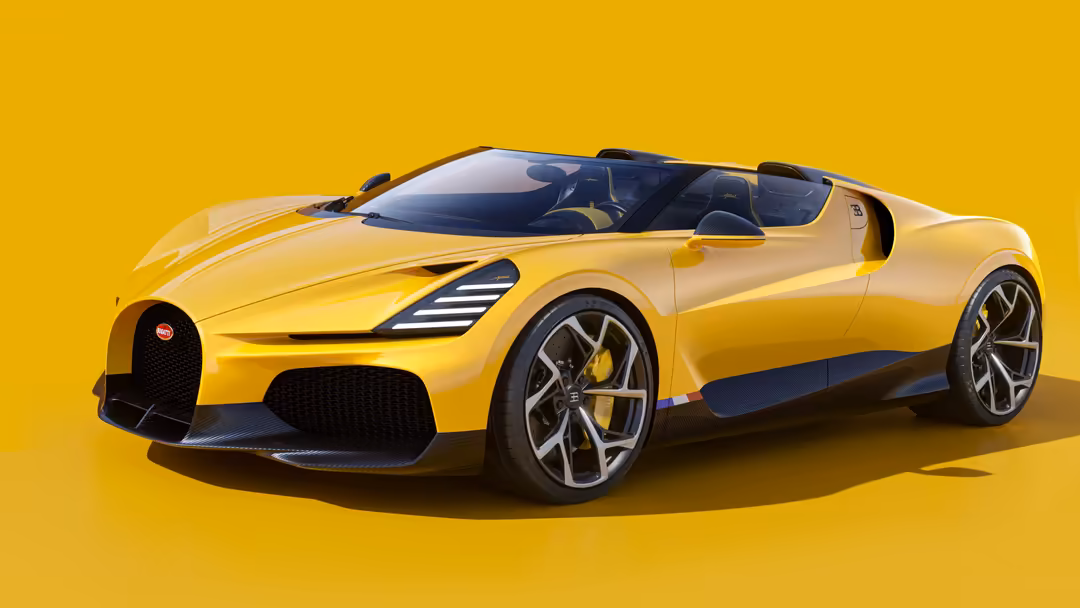 Bright yellow Bugatti W16 Mistral convertible sports car with open top against vibrant yellow background, showcasing luxury a