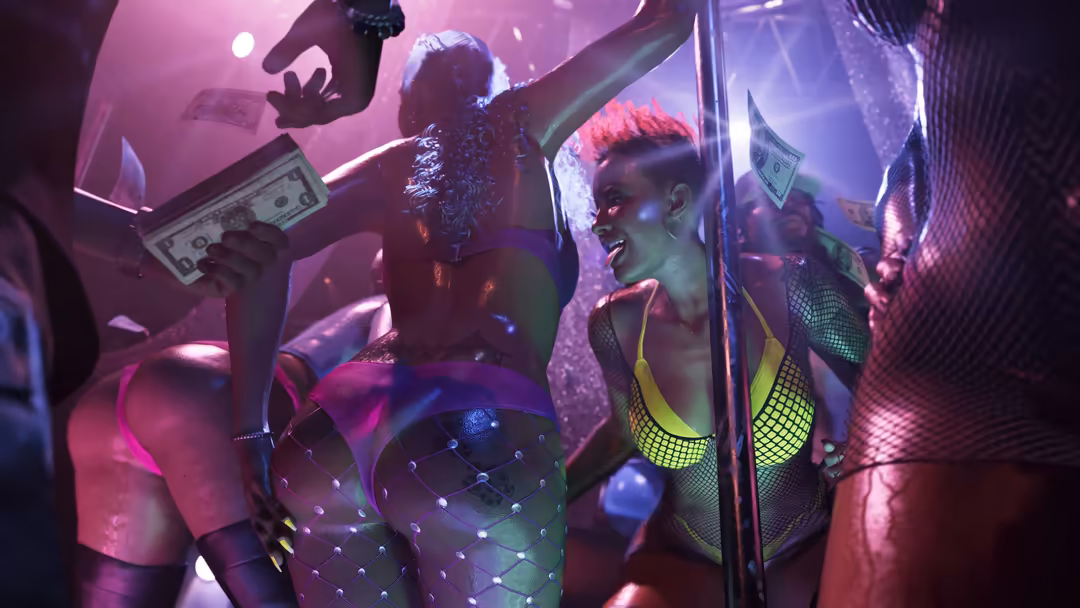 Neon-lit nightclub scene with figures in colorful cyberpunk outfits, cash flying, purple and pink atmospheric lighting, futur