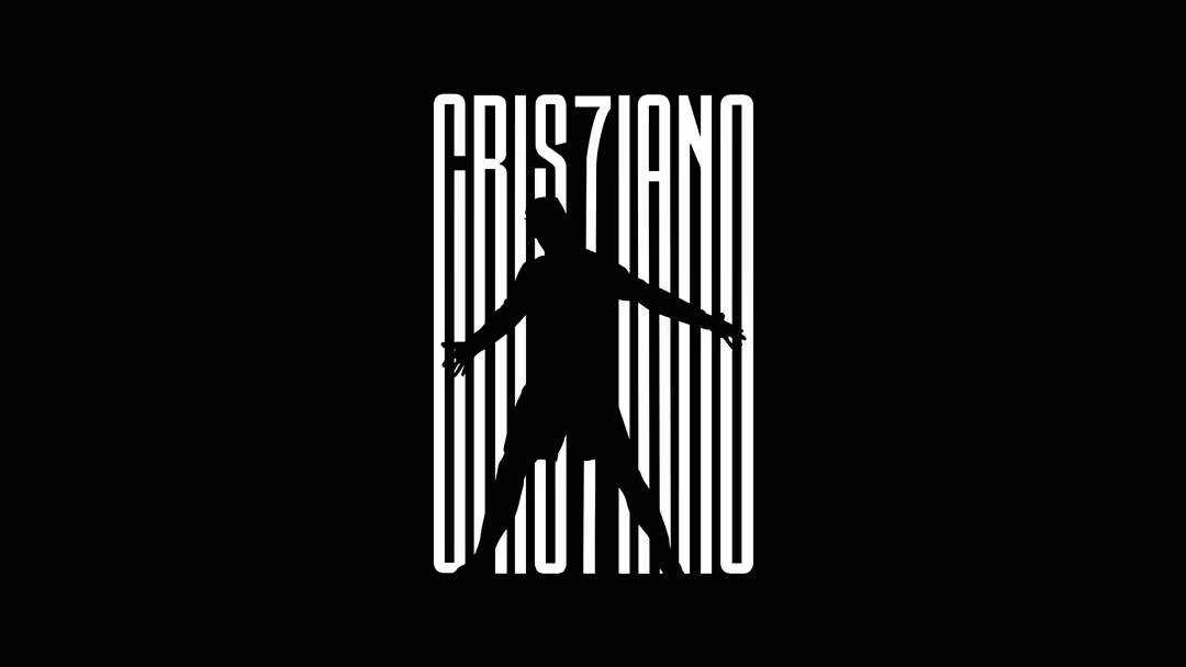 Cristiano Ronaldo silhouette in dynamic pose with arms spread wide against vertical white lines and black background, minimal