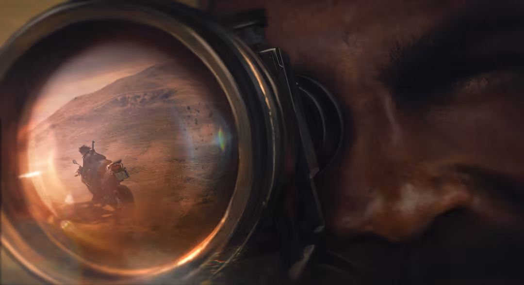 Close-up view through a rifle scope showing a desert landscape with a player character, lens flare visible, intense tactical