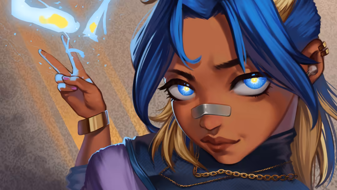Anime-style character with blue hair and glowing blue eyes, wearing gold accessories and neon-lit outfit against textured bac
