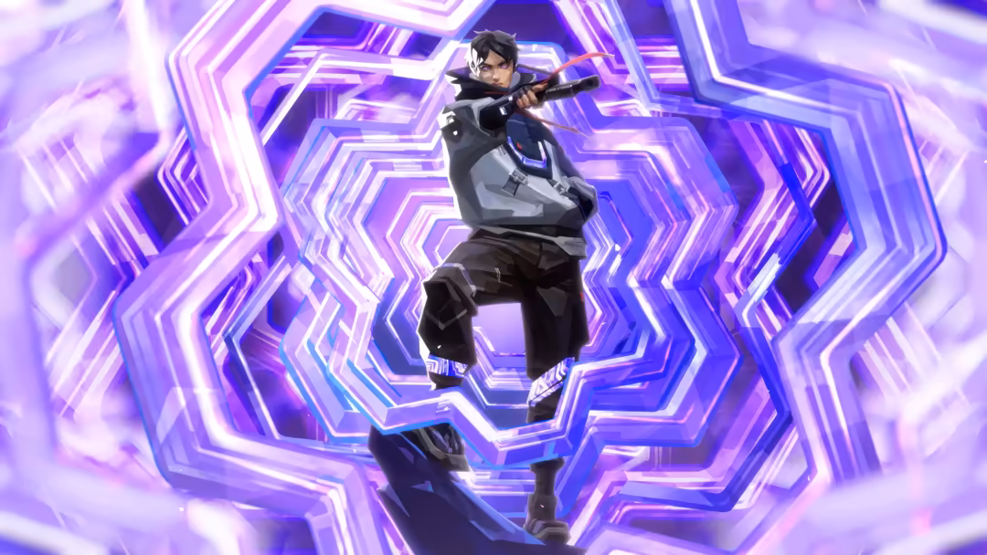 Animated character Iso from Valorant in tactical gear, wielding a rifle, centered in glowing neon purple hexagonal patterns