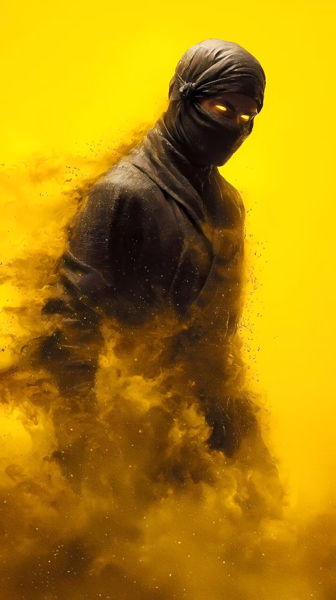 Masked figure in dark clothing dissolving into yellow powder against bright yellow background with glowing eyes