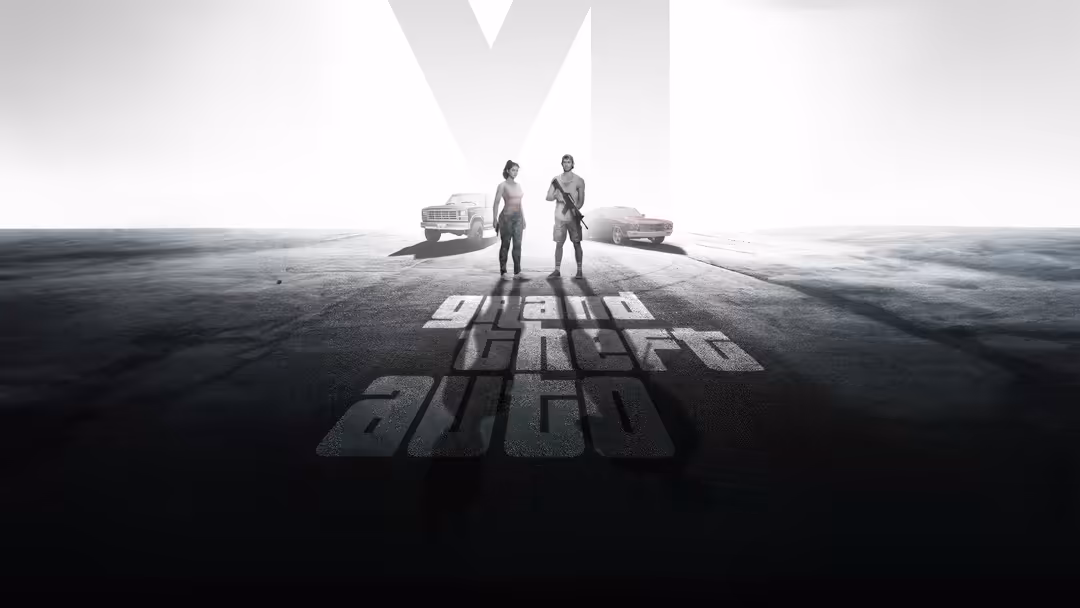 Two characters standing on a desert highway with vehicles and dramatic lighting, text overlay on asphalt road