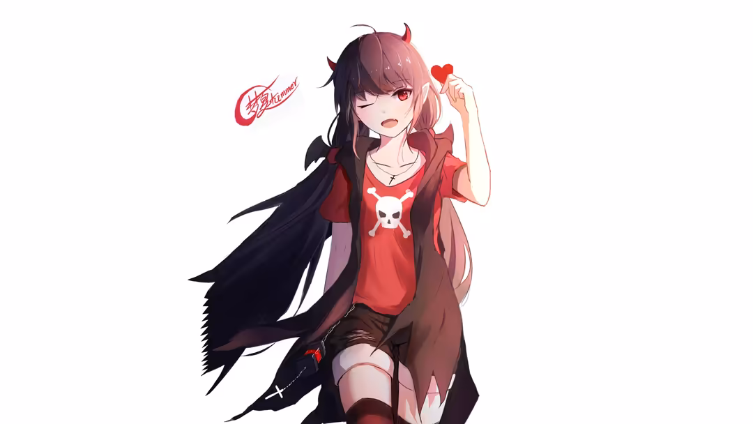 Anime girl with devil horns and red eyes wearing a red skull-print shirt and dark coat, holding a red heart charm with a play