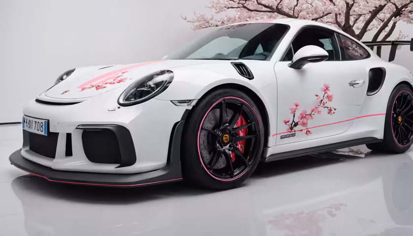 White Sports Car Pink Blossoms