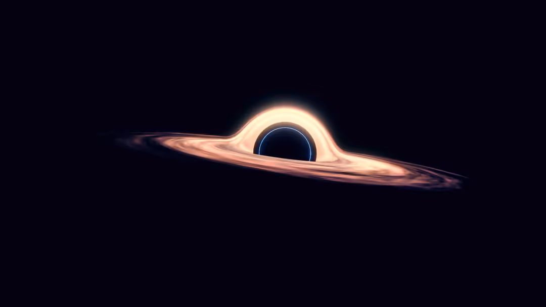 Luminous black hole with glowing accretion disk in deep space, featuring brilliant orange and blue light against cosmic darkn