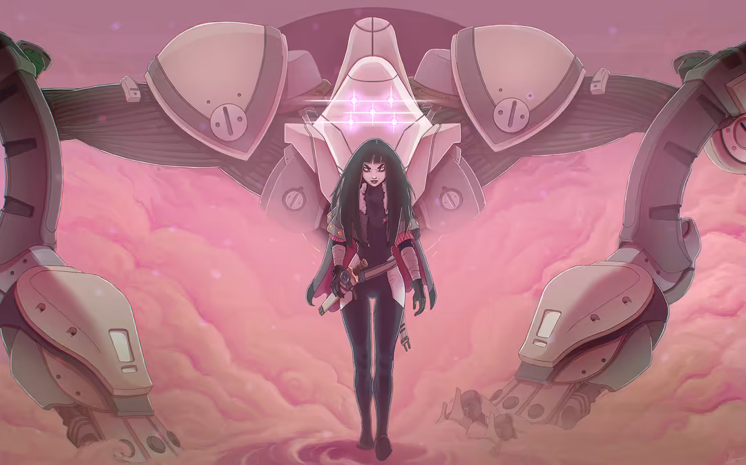 Anime character in dark suit standing before massive pink mecha robot with glowing cockpit against surreal pink sky