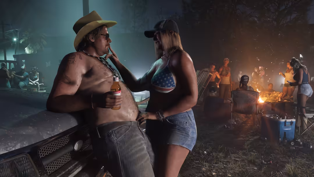 GTA VI characters at a neon-lit campfire gathering in the night with distant fires and party atmosphere in background