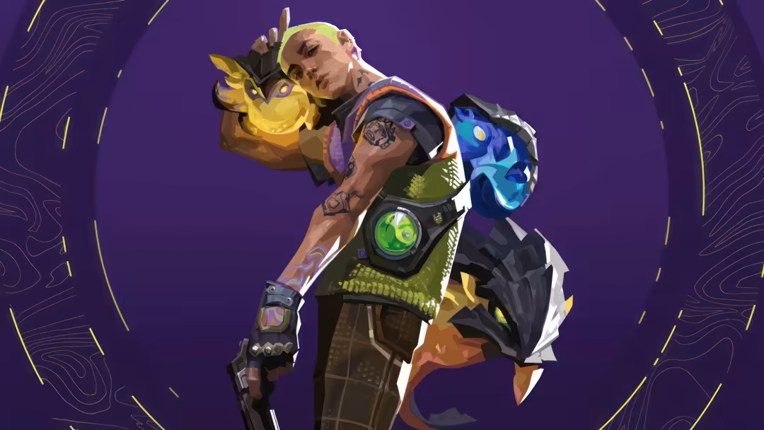 Gekko from Valorant game, a bald male agent with neon gear and a glowing yellow creature companion against a vibrant purple b