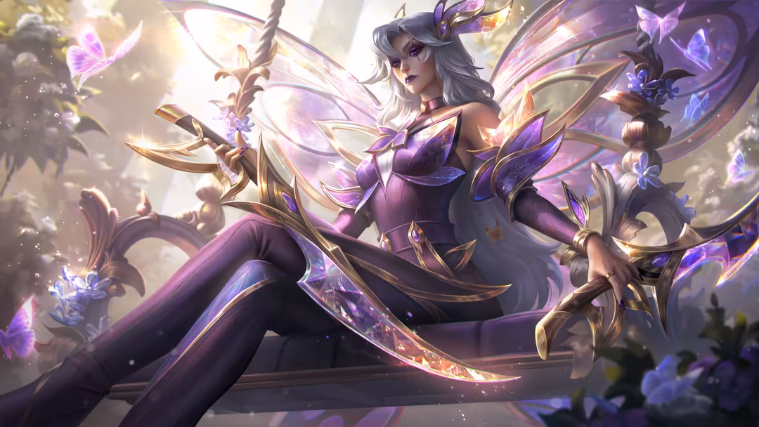 Elegant fantasy character Katarina with silver hair, wearing ornate purple and gold armor, surrounded by magical purple flowe