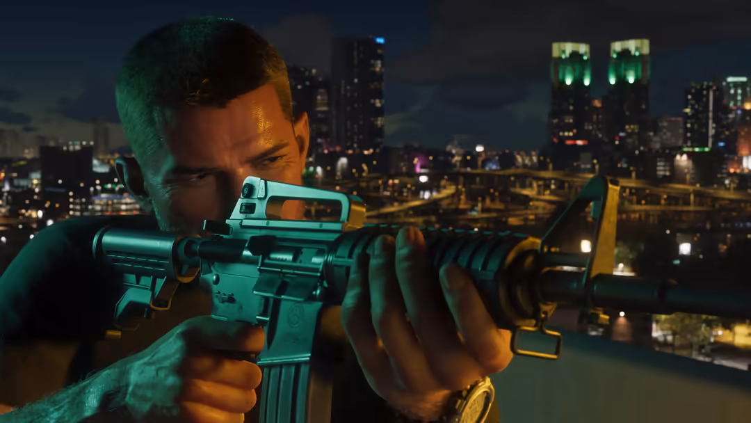 Man aiming rifle on rooftop with neon-lit cityscape backdrop, green and gold lighting, urban skyline at night
