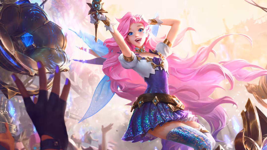 Magical character with flowing pink hair wielding glowing staff and weapons, surrounded by vibrant blue and purple energy eff