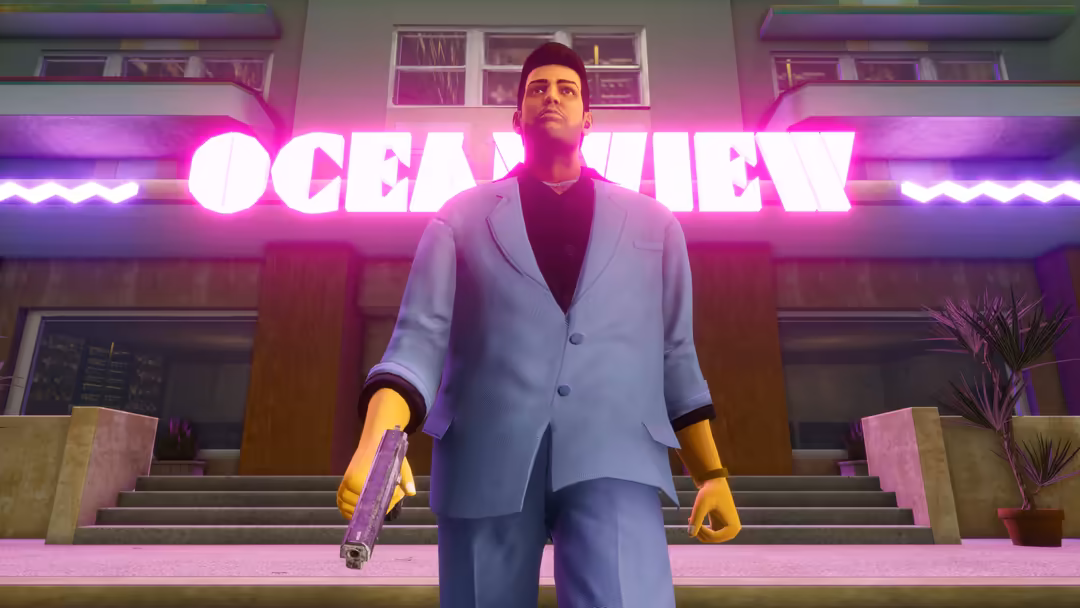 Man in light blazer holding weapon under bright magenta neon signs in futuristic urban setting with tropical plants
