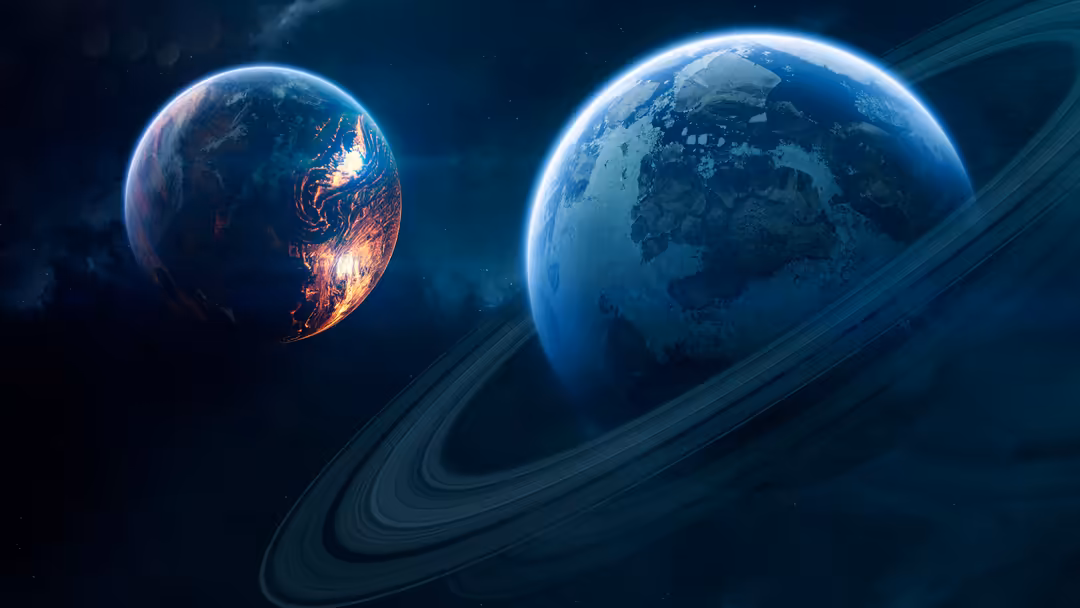 Two glowing planets with rings orbiting in deep space, one burning with golden light, one icy blue, against a starry backdrop
