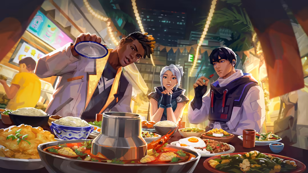 Anime-style illustration of Valorant agents Phoenix, Jett, and Iso cooking together in a neon-lit kitchen with glowing signs