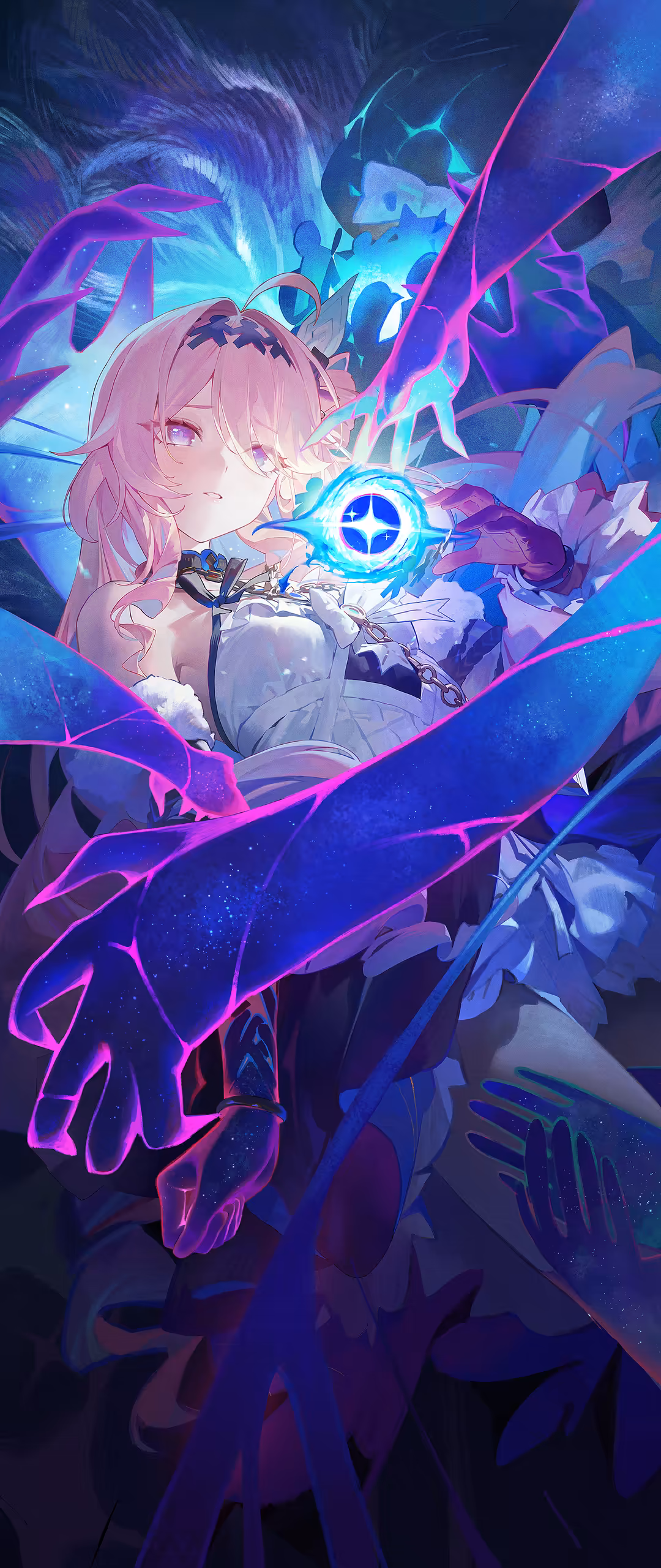 Anime girl with pink hair surrounded by glowing neon cyan and magenta energy waves and magical symbols in cyberpunk style