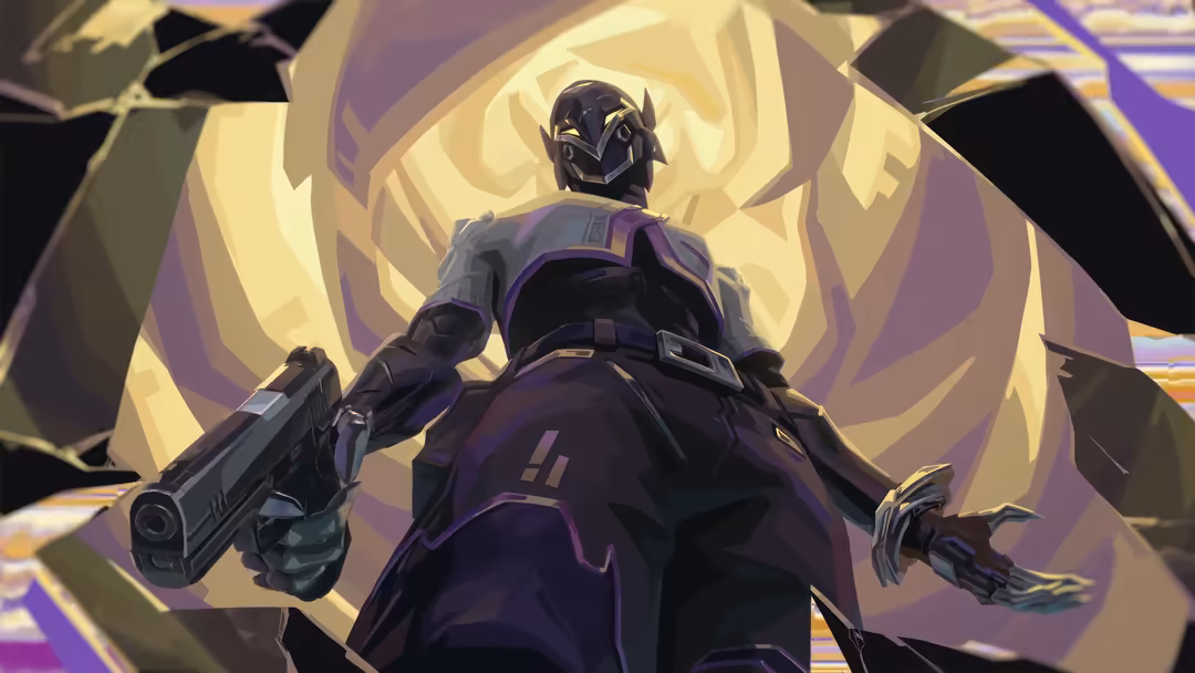 Vyse from Valorant stands ready with dual weapons against a glowing yellow and purple ethereal background, showcasing tactica