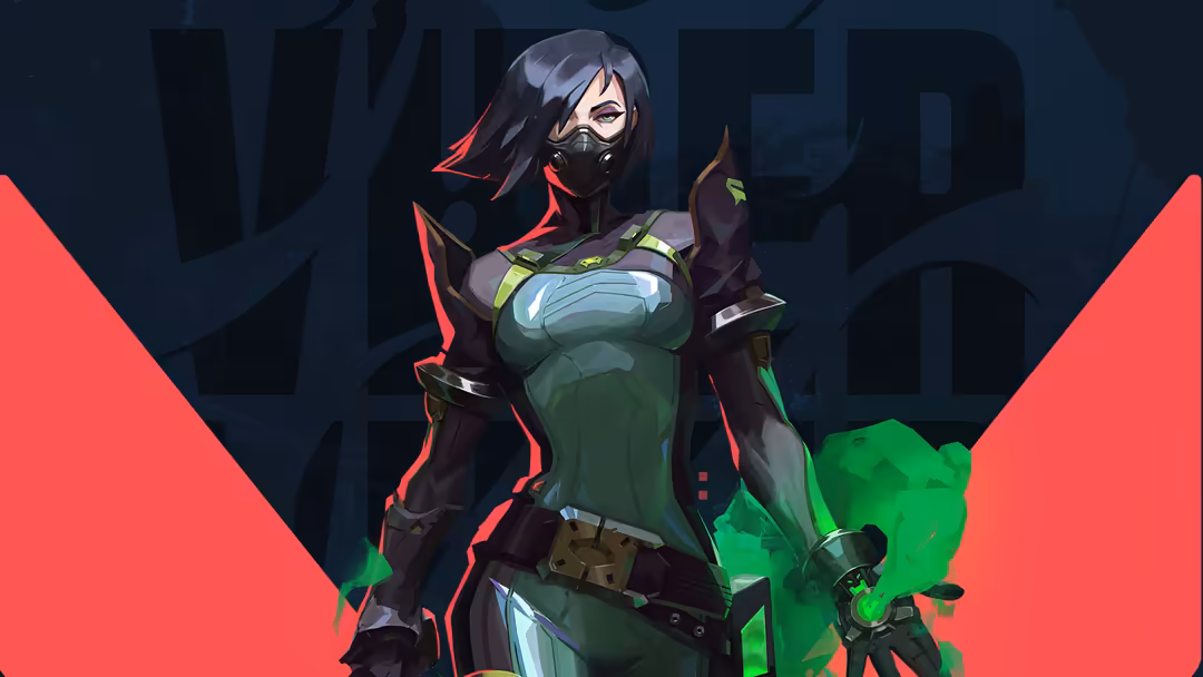 Valorant tactical agent with black hair and gas mask in green tactical armor with red accents standing against neon geometric