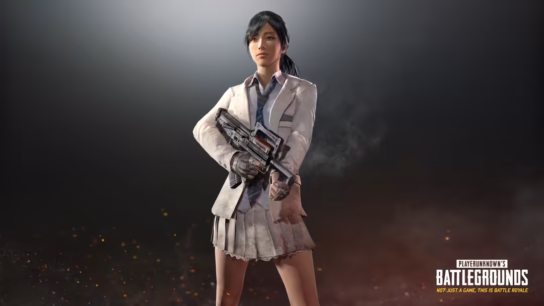 Female character in tactical white blazer holding an assault rifle, dramatic lighting with smoke and sparks in dark atmospher