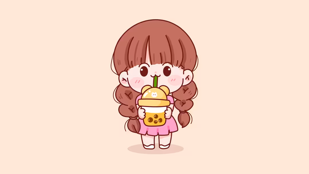 Cute kawaii character with reddish-brown hair and pink cheeks holding a boba tea drink against a soft beige background