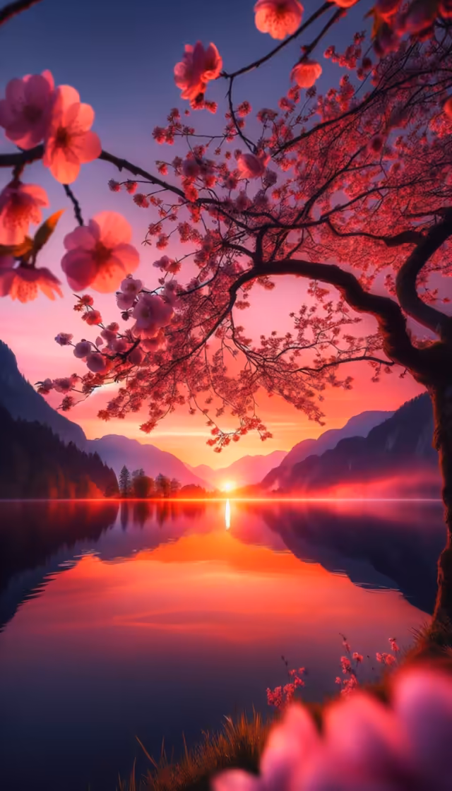 Red Flowers Lake Sunset Mountains