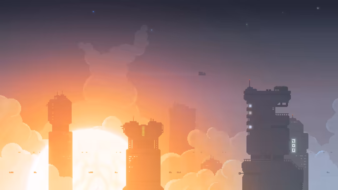 Pixelated cyberpunk cityscape with neon orange and purple sunset, silhouetted futuristic buildings and glowing windows agains
