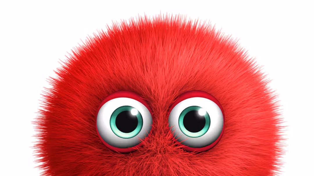 A fluffy red furry character with large green eyes and expressive gaze against a white background, featuring charming cute ae