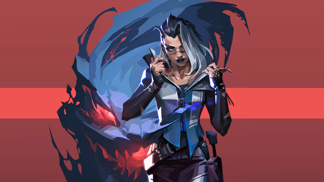 Digital artwork of Fade, a Valorant agent character with silver hair, wearing black tactical gear with blue glowing elements